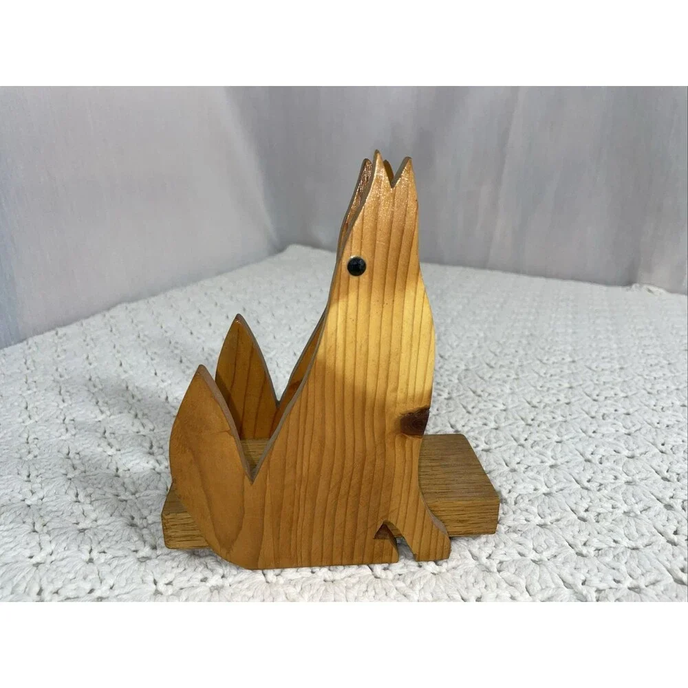 Vintage Hand Carved Wooden Howling Wolf Southwestern Napkin Holder 7”T x 6” x 3”